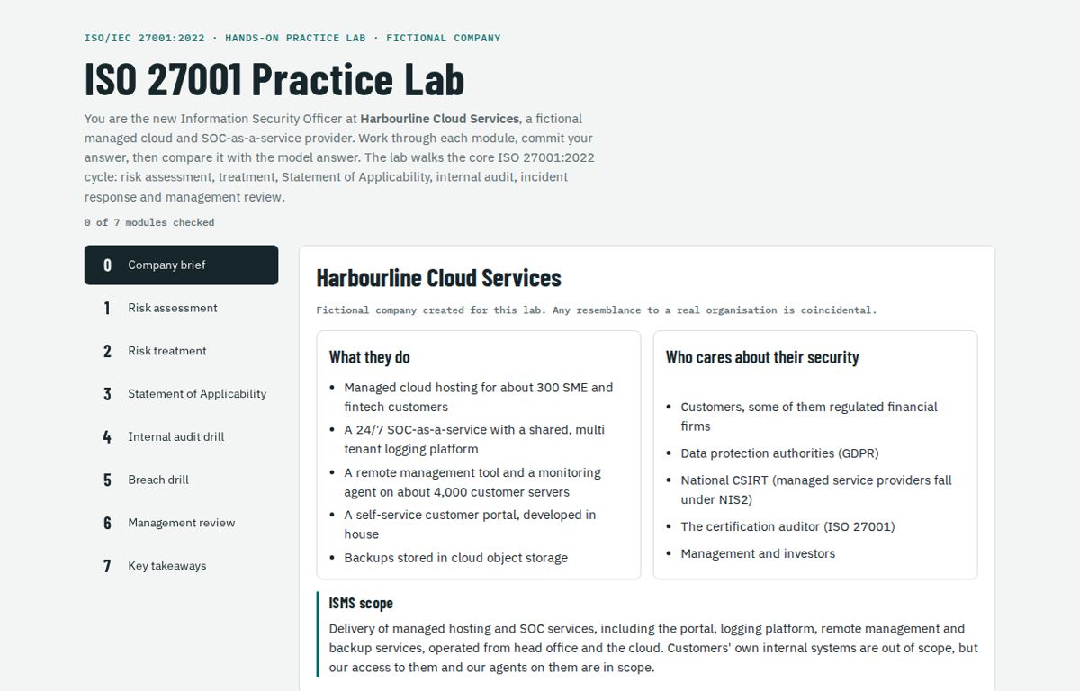 ISO 27001 Practice Lab start screen